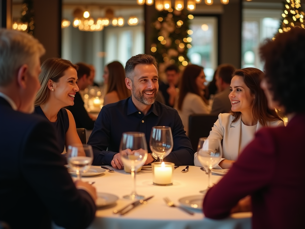 Grupa osób śmiejących się na kolacji w eleganckiej restauracji z ozdobnymi światłami.